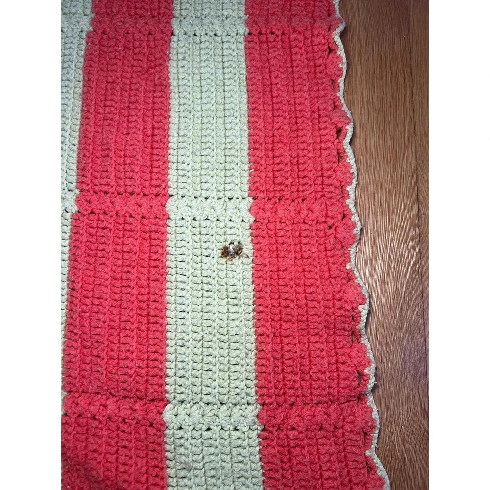 Handmade Crochet Striped Afghan Blanket Lap Throw 71x50 Coral Green Cottage